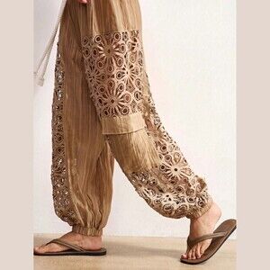 Light Brown Crochet Lace Cutout Harem Pants with Cuffed Hem